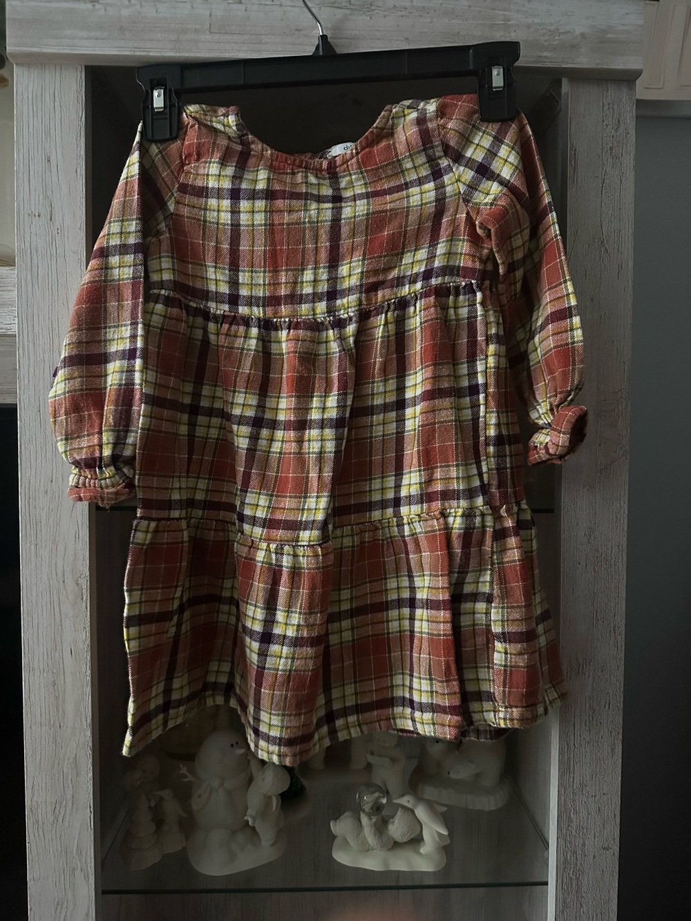 dip Plaid Tiered Long-Sleeve Dress in Rust and Yellow